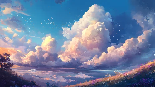 Luminescent Cumulus Over Wildflower Slope at Sunset.