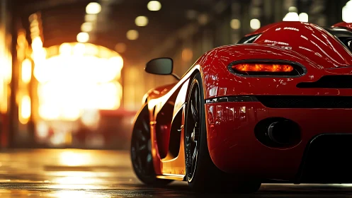 Red supercar rear glows under dramatic golden sunset light.