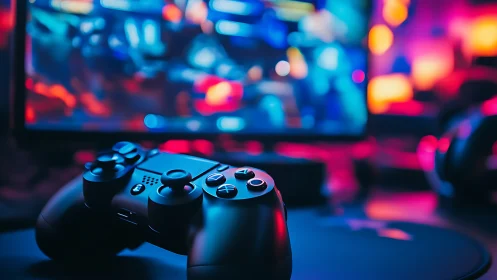 Game controller glows under neon gaming setup lights.