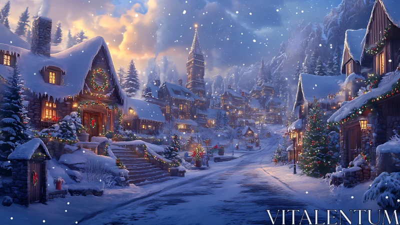 Snowy holiday village street glows with cozy festive lights