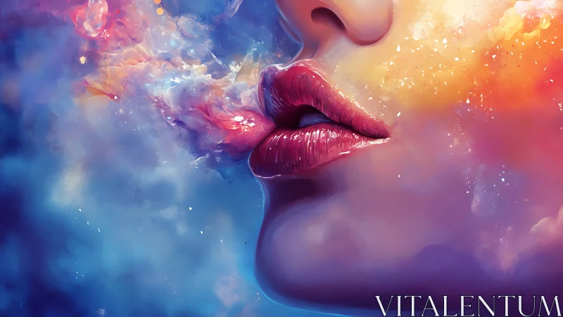 Cosmic colors swirl from glossy lips in radiant profile.