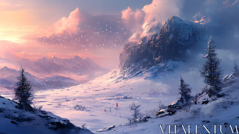 Iridescent winter massif at sunrise with distant valley camp