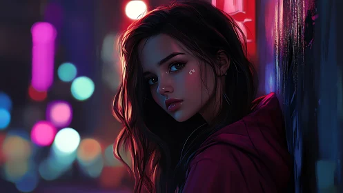 Soft neon night portrait of a thoughtful city dreamer.
