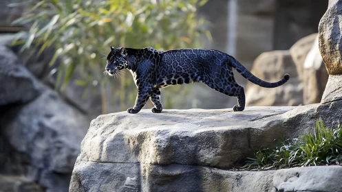 Black Leopard on Stone Outcrop: Wildlife Portrait in Daylight.