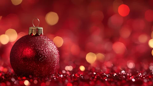 Red glitter Christmas bauble with soft bokeh background.