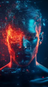 Electric mindscape blends human portrait and neon circuitry