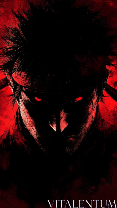 Warrior silhouette burns under crimson shadow light.