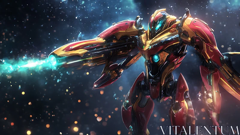 Armored space mech unleashes plasma cannon in nebula.