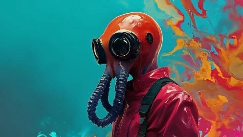 Chromatic diver drifts through neon fumes of a painted sky.
