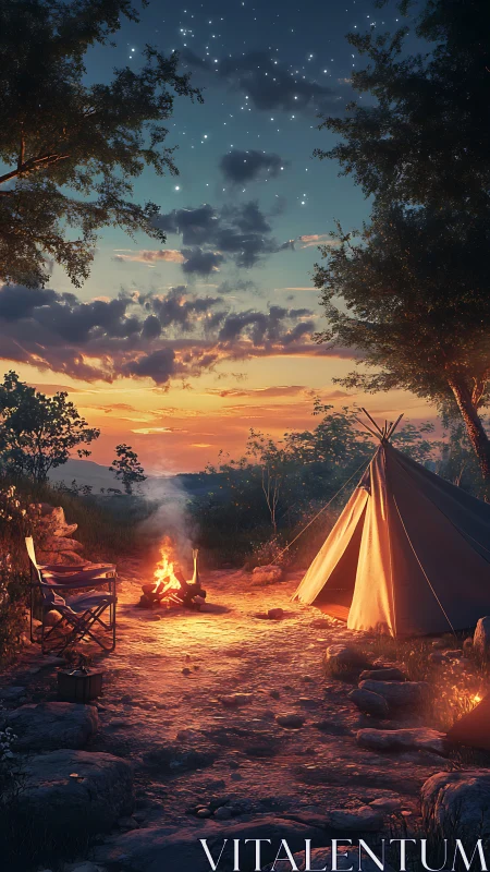 Camping tent and campfire under twilight sky with stars