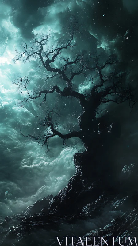 Gnarled barren tree silhouette rises through turbulent teal storm