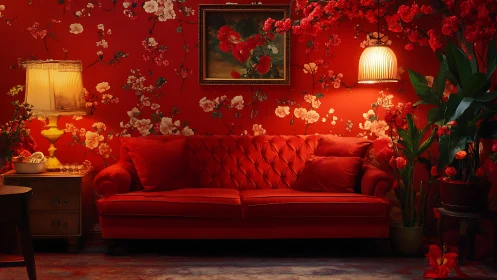 Red velvet sofa in floral wallpapered living room interior.