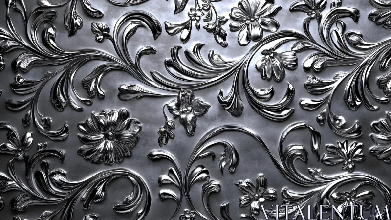 Ornate Metallic Floral Pattern in Baroque Style on Silver Surface.