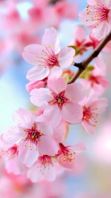 Pink cherry blossoms on branch against blurred background.