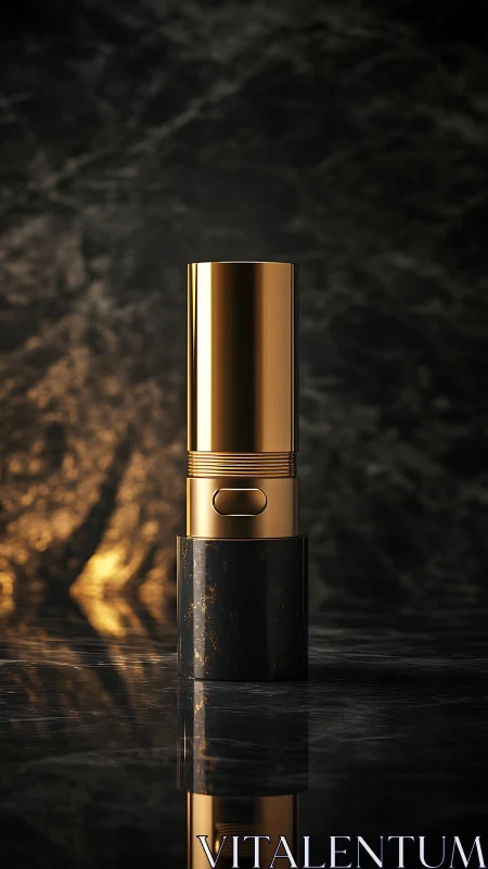 Gold cosmetic bottle stands in dramatic marble reflections