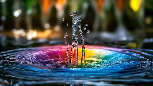High-speed macro capture of rainbow-illuminated water splash crown