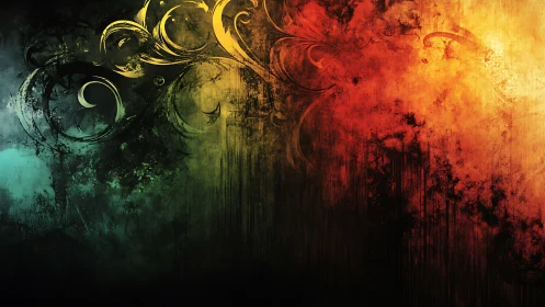 Grunge gradient background with swirling floral motifs.