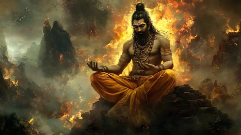 Fiery mountain sage meditates calmly amid swirling flames