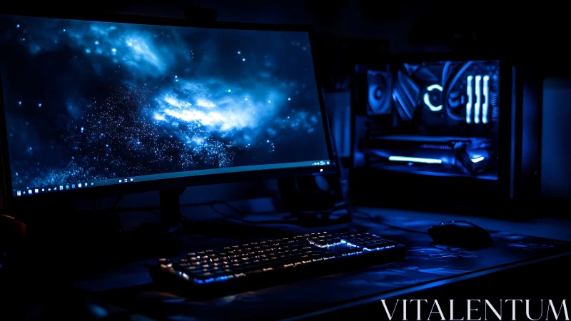 Cinematic low-key gaming workstation with neon blue accents.