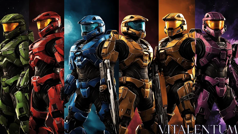 Row of color-segmented armored soldiers in sci-fi gear.