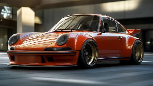 Retro orange sports coupe prowls through soft urban light.