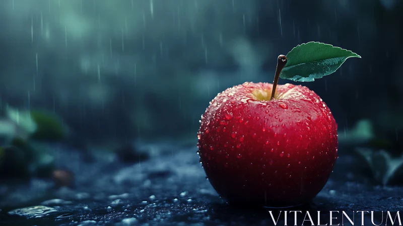 Macro red apple under rainfall with specular water droplet highlights