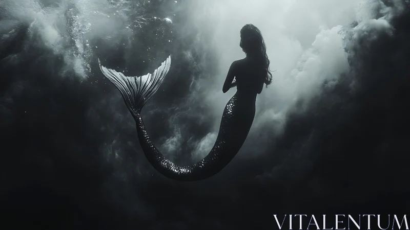 Silhouetted mermaid figure is shown suspended in dark water