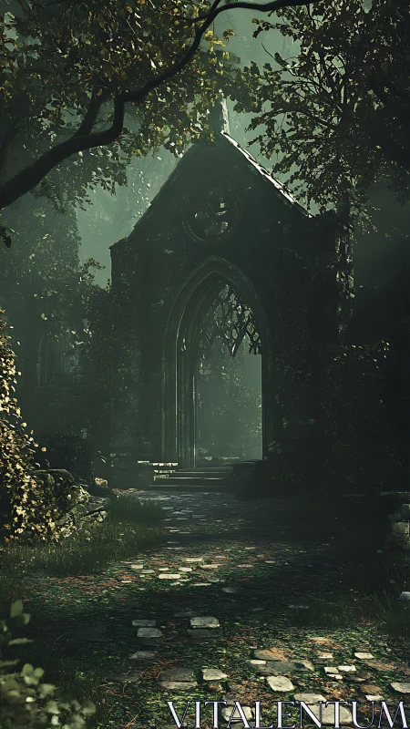 Gothic stone chapel ruins glow in dense emerald forest
