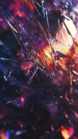 Shattered glass shards lit by vivid purple and orange light.
