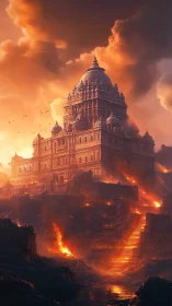 Digital painting of a temple fortress above cascading lava fields.