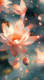 Luminous lotus blossoms drift through soft teal bokeh glow.
