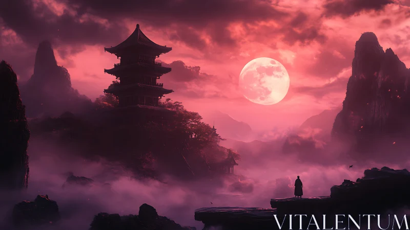 Digital painting of misty moonlit pagoda with lone figure silhouettes.