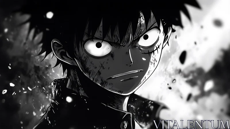 Intense anime fighter stares forward through swirling debris