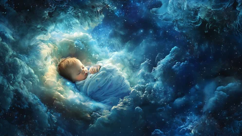Sleeping baby drifts in luminous cosmic cloud cradle