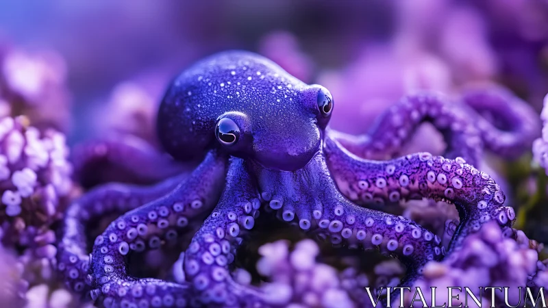 Purple octopus rests among blurred lilac coral structures