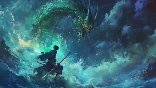 Sword-wielding warrior confronts emerald sea dragon in storm.