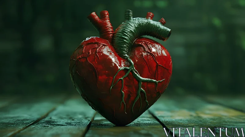 Realistic Anatomical Heart Surreal Art on Wooden Floor.