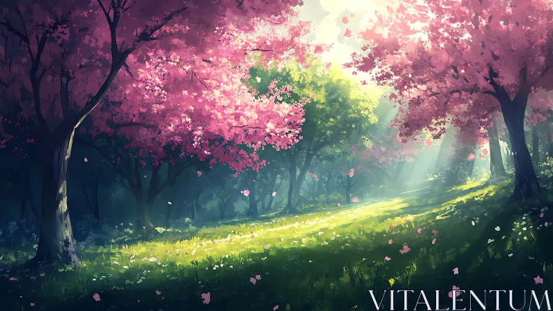 Sunlit cherry blossom grove glows over verdant forest path