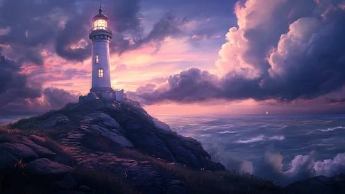 Gentle lighthouse glow over waves at dreamy violet sunset.