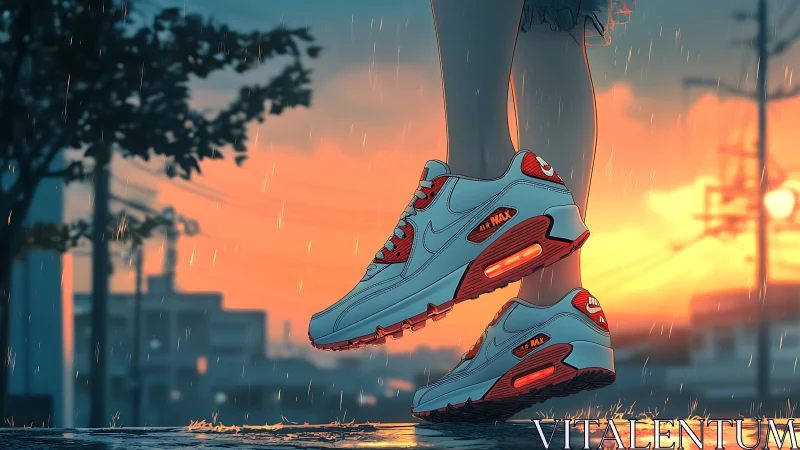 Sunset rain street scene with neon-accented athletic sneakers
