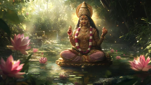 Serene goddess of light meditating on a lotus pond.