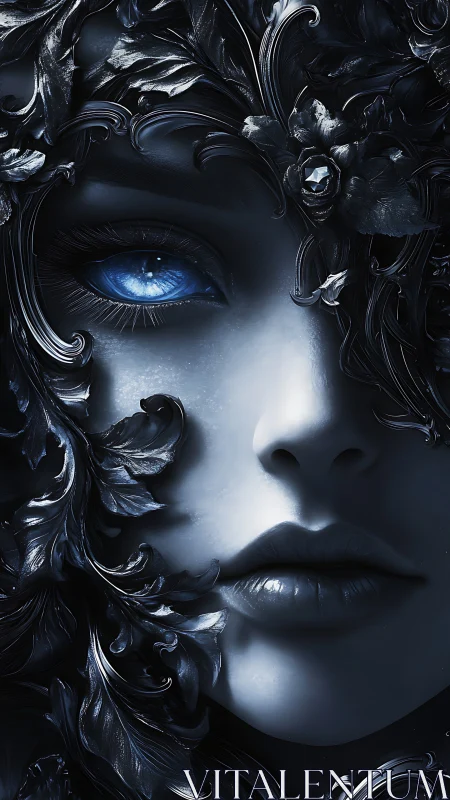 Metallic floral mask framing female face with blue eye detail.