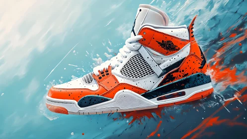 Dynamic orange street sneaker bursts through splashing color.