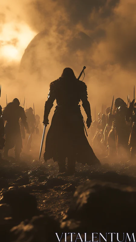 Lone warrior strides through dawnlit battlefield mist.