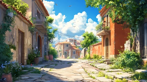 Sunlit Mediterranean lane with rustic homes and lush greenery.