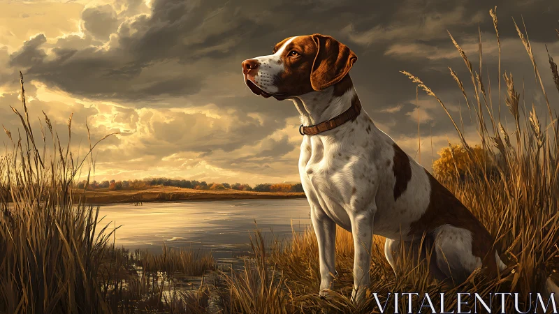 Brown and white hunting dog beside reflective marshland pond.