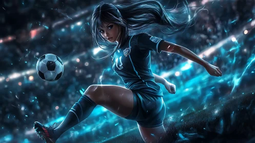 Dynamic cyber-lit striker kicks ball in high-intensity stadium
