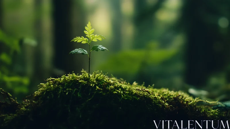 Young sapling emerging from moss in lush forest, nature photography.