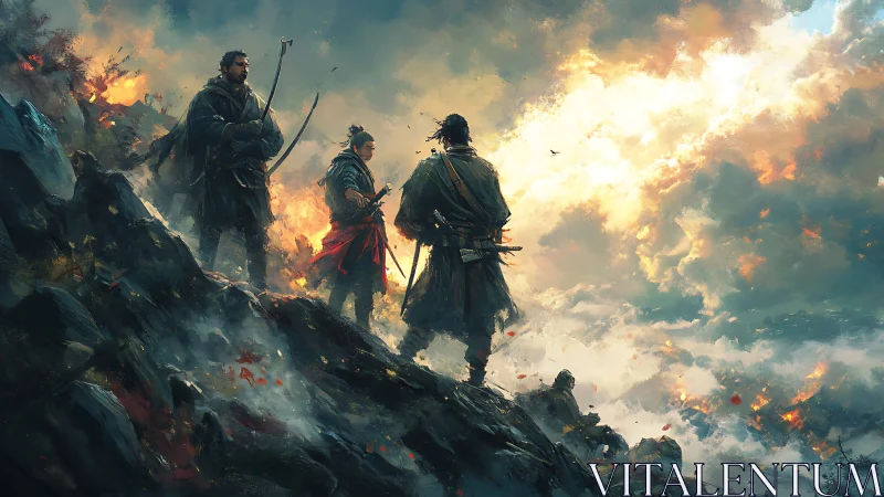 Warriors observe burning valley under dramatic storm light