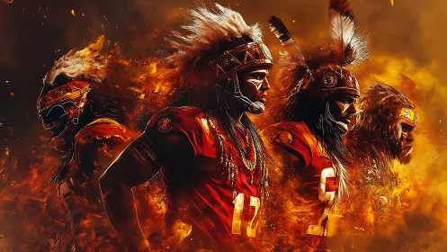 Fiery warrior athletes stride forward in a blaze of spirit